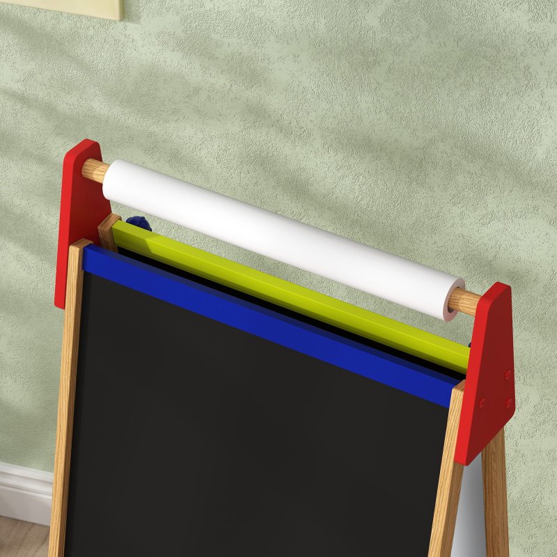 AIYAPLAY Kids Easel, 3 in 1 Art Easel Double Sided Height Adjustable with Paper Roll, Whiteboard, Chalkboard, Painting Accessories, Natural Wood Finish