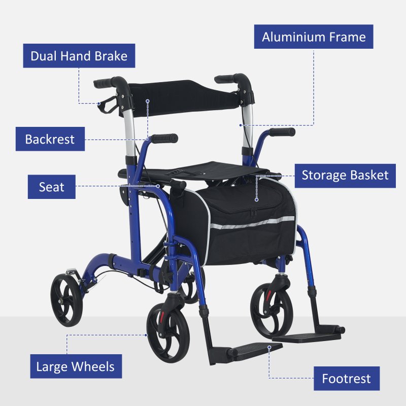HOMCOM 2 in 1 Wheelchair Transport Chair & Folding Rollator Walker with Seat, Backrest, Footrest, Lightweight Walking Frame with Bag, Adjustable Height, 4 Wheeled Walker for Seniors