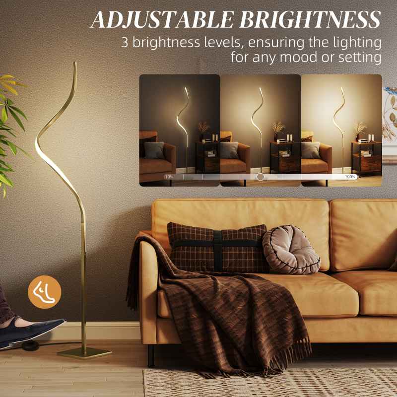 HOMCOM LED Floor Lamp with 3 Adjustable Brightness, Modern Dimmable Standing Lamp with Foot Switch for Bedroom, Living Room, Gold Tone