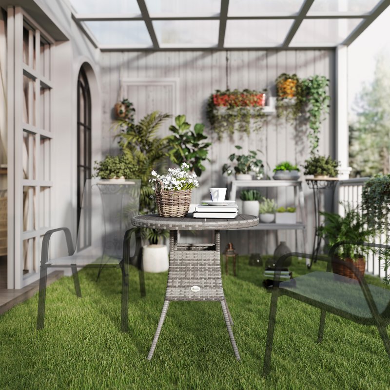 Outsunny 70 cm Outdoor Dining Table, PE Rattan Patio Table with Wood-plastic Composite Top for Balcony, Garden, Grey