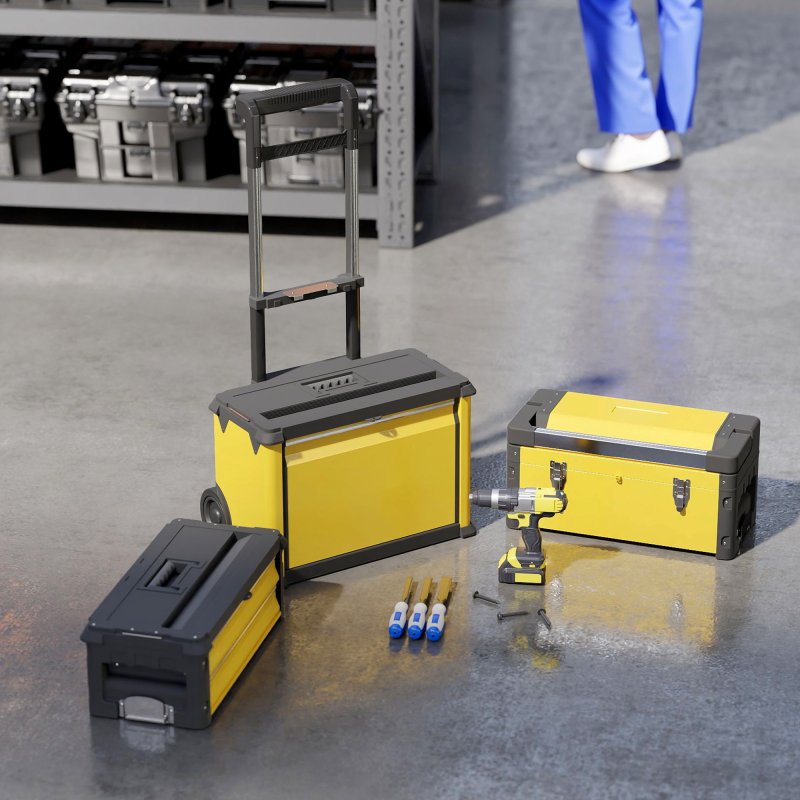 HOMCOM 3-in-1 Rolling Tool Box, Stackable, Modular Powder Coated Steel Toolbox with Tray, Handles, Latches, Wheels, Heavy Duty Tool Storage System for Workshop, Garage, 520mm x 320mm x 720mm, Yellow