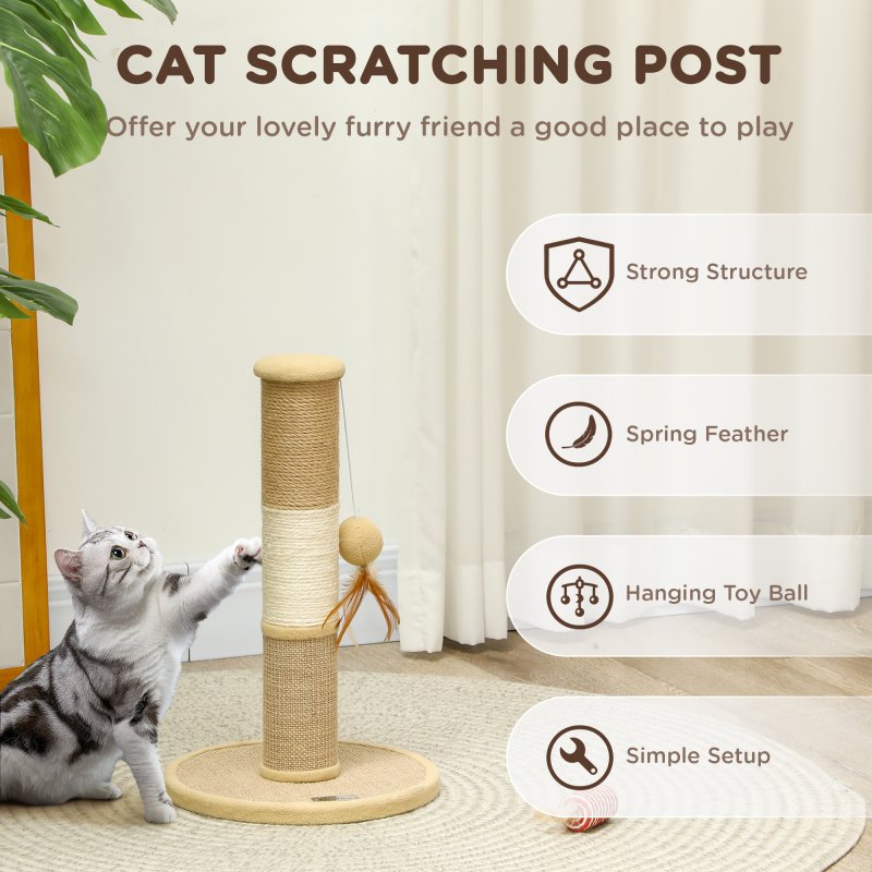 PawHut Cat Scratching Post for Indoor Cats, 47cm Tall Cat Scratcher with Jute Sisal Rope, Hessian fabric, Hanging Toy Ball, Feather, Kitty Climbing Tree with Anti-slip Base, Brown