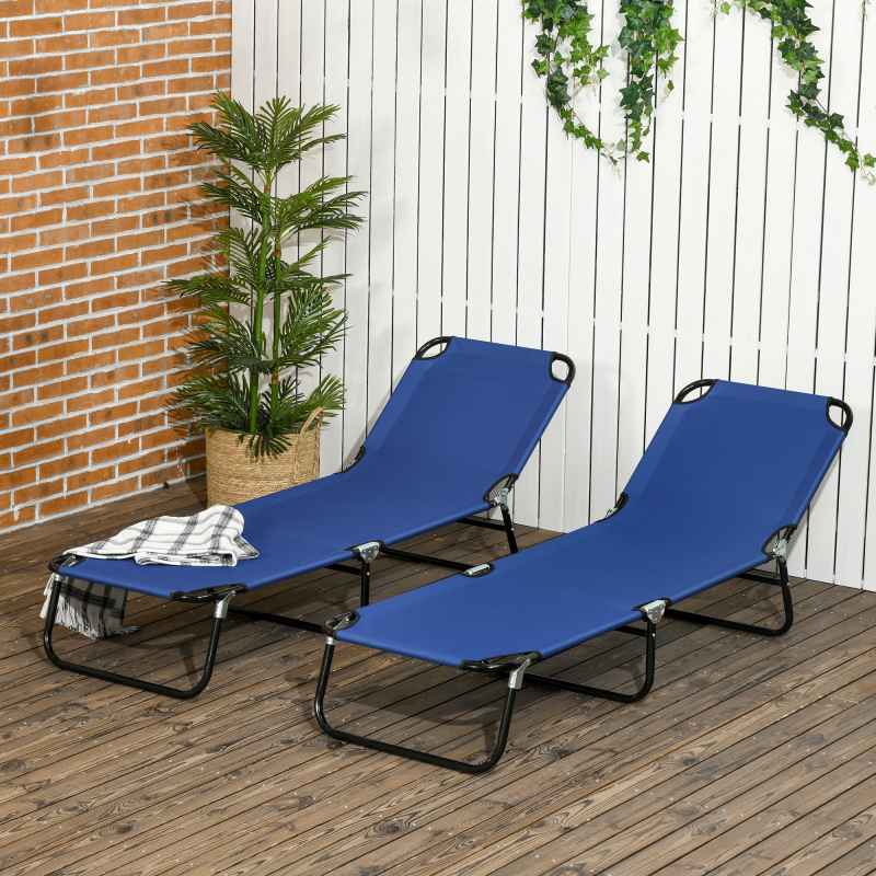 Outsunny Folding Sun Loungers Set of 2, Outdoor Day Bed with 5-Position Adjustable Backrest, Portable Recliner Garden Chairs with Breathable Mesh for Beach, Patio, Blue