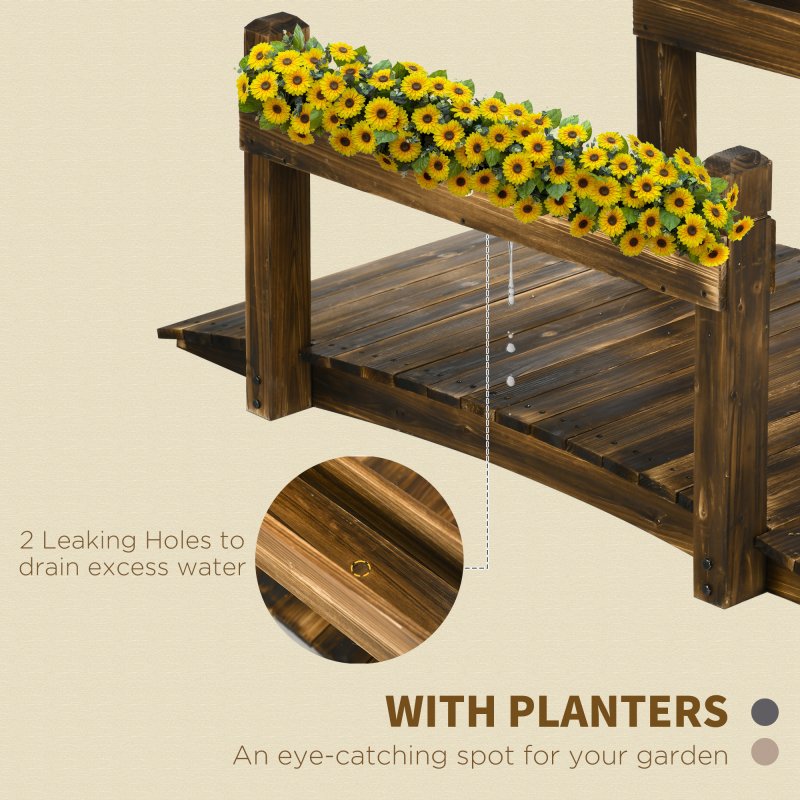 Outsunny 5FT Wooden Garden Bridge with Planters on Safety Railings, Stained Finish Arched Footbridge for Pond, Stream, Carbonized