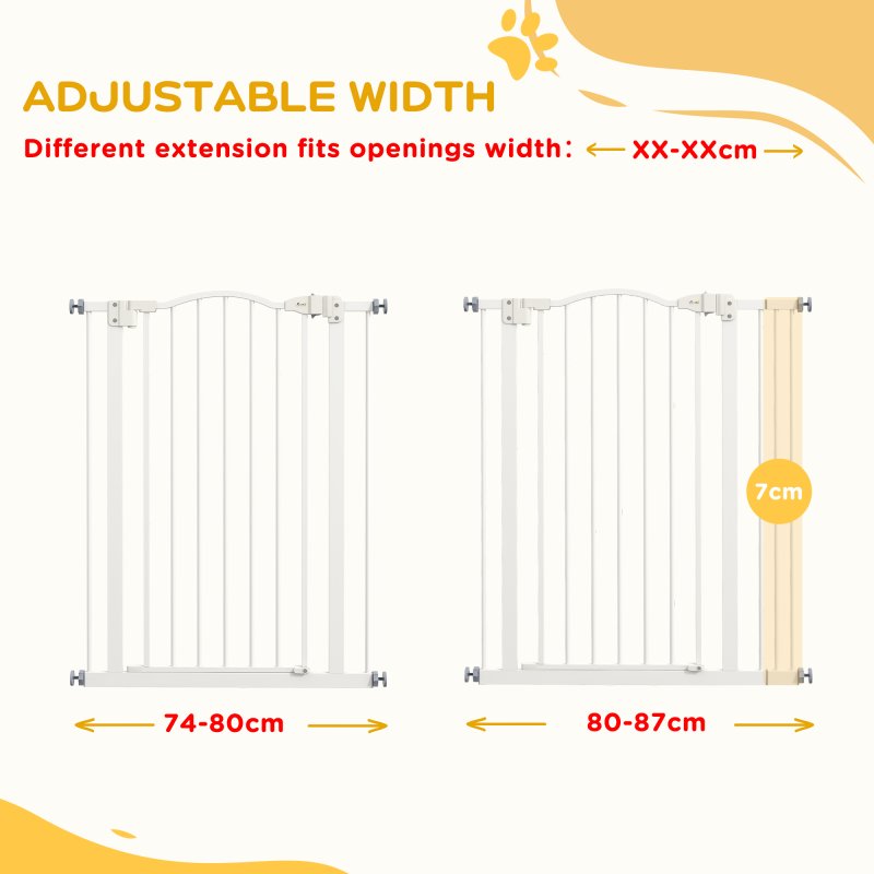 PawHut Pressure Fit Dog Stair Gate No Drilling Safety Gate Auto Close for Doorways, Hallways, 74-87cm Adjustable, 94cm Tall, White