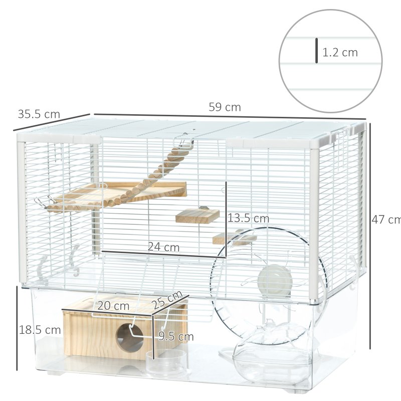 PawHut Hamster Cage, Gerbil Cage w/ Deep Bottom, Litter Area, Wooden Ramp, Platforms, Hut, Exercise Wheel, for Small Rodents, 59 x 35.5 x 47cm