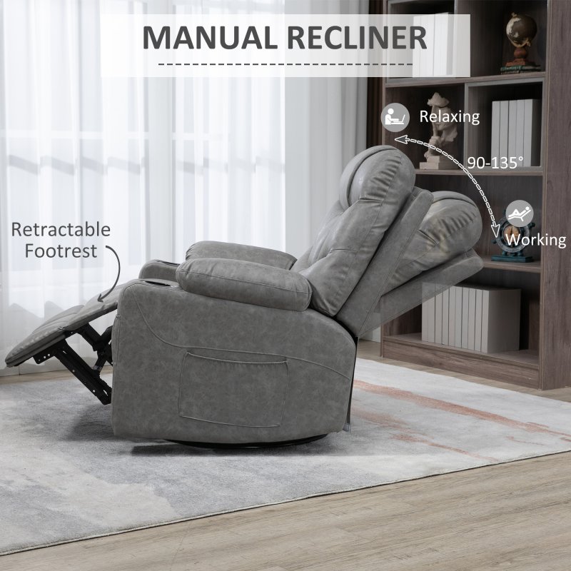 HOMCOM Recliner Armchair, Swivel PU Leather Manual Reclining Chair with Adjustable Leg Rest, Drink Holders, Side Pockets, Rocker Chair for Home Living Room, Light Grey