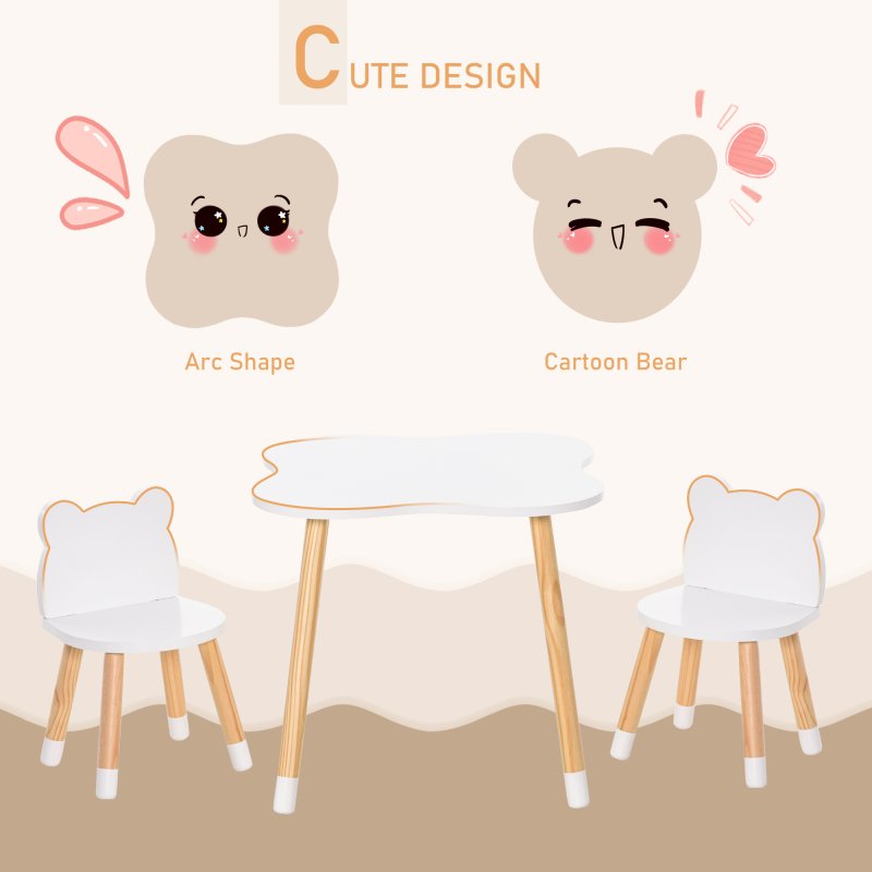 HOMCOM Kids Table and Chair Set, 3-Piece Childrens Table and Chair Set with 2 Bear-Shaped Chairs, for Playroom, Nursery, Living Room, White