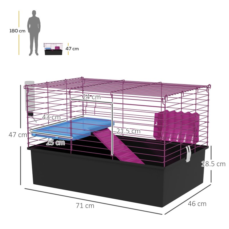 PawHut Guinea Pig Cage Chinchillas Rabbit Small Animal Cage with Ramp, Dish, Water Bottle, 71 x 46 x 47cm, Black