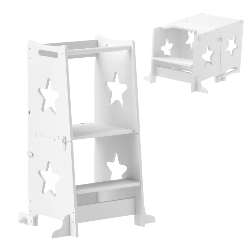 AIYAPLAY Toddler Step Stool, Toddler Tower, 2 in 1 Toddler Step with Safety Rail, for Kitchen, Bathroom, Counter, White