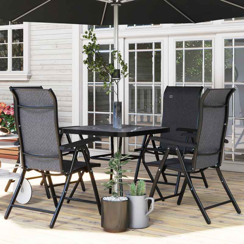 Outsunny Set of 4 Outdoor Wicker Folding Chairs, Patio PE Rattan Dining Armrests Chair set with 7 Levels Adjustable Backrest, for Outdoors, Camping, Grey