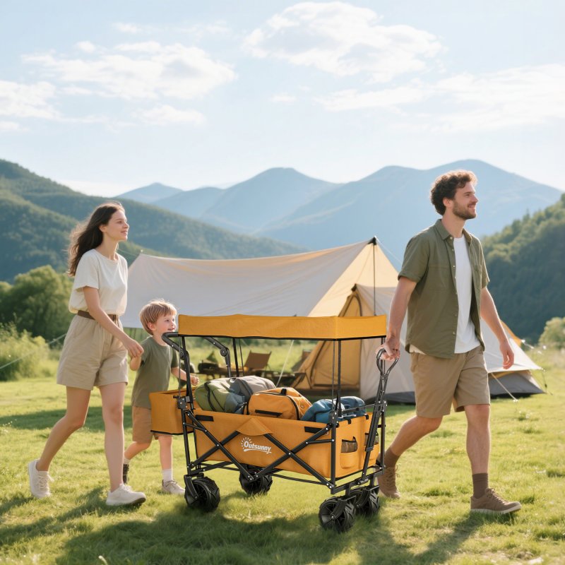 Outsunny 120L Festival Trolley on Wheels, Folding Camping Trolley Cart with Removable Canopy, All-Terrain Wheels, Adjustable Handle and Side Pockets for Garden Beach Fishing Shopping, Orange