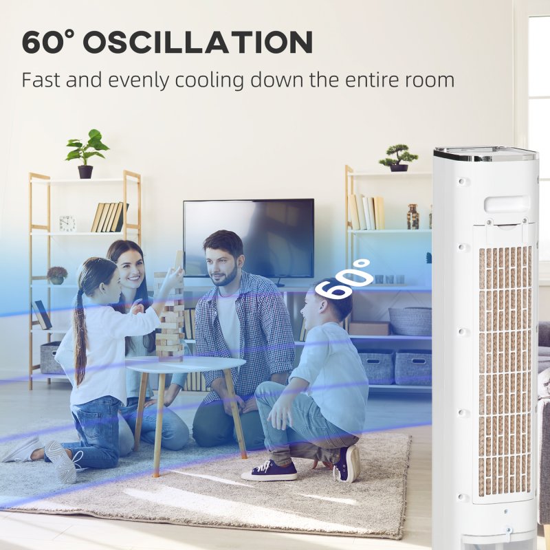 HOMCOM Portable Air Cooler, 6L Tank with 3 Ice Packs, Oscillating Evaporative Air Cooler Fan with 3 Modes & Speed, 10H Timer, Detachable & Washable Filter, LED Display & Remote Control for Home, White