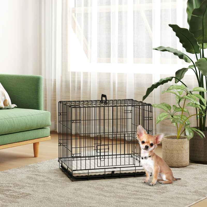 PawHut Dog Crate, Folding Metal Dog Cage with Two Doors, Tray, Soft Cushion, for Extra Small Dogs, 60 x 40 x 50 cm, Black