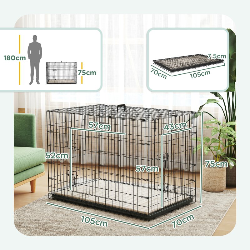 PawHut Dog Crate, Folding Metal Dog Cage with Two Doors, Tray, Soft Cushion, for Extra Large Dogs, 105 x 70 x 75 cm, Black