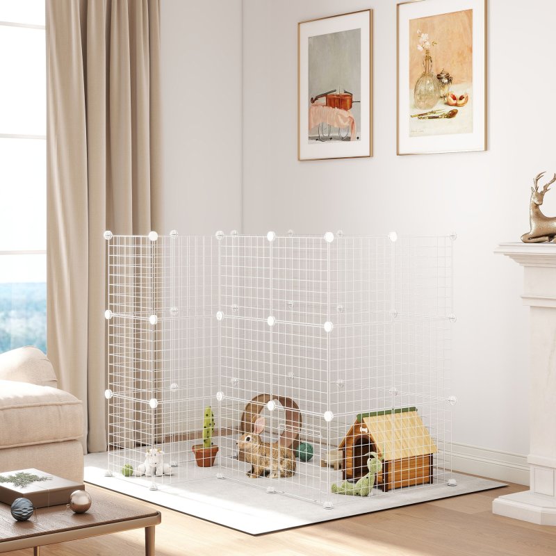 PawHut DIY Pet Playpen Metal Wire Fence Indoor Outdoor Rabbit Small Animals Cage 36 Panel Enclosure, White