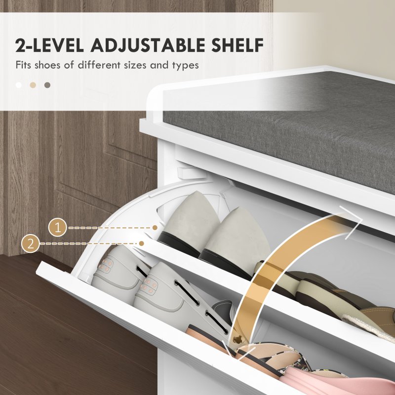 HOMCOM Shoe Bench, Entryway Bench with Flip Drawer, Seating Cushion and Adjustable Shelf for 10 Pairs of Shoes for Hallway, White