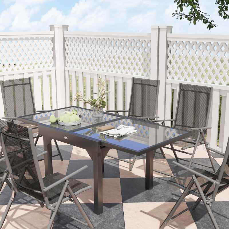 Outsunny 7 Piece Outdoor Dining Set, Garden Furniture Set with Extendable Table and 6 Folding Chairs, Outdoor Conversation Set with 5mm Tempered Glass Top & Aluminium Frame, for Patio, Balcony, Deck