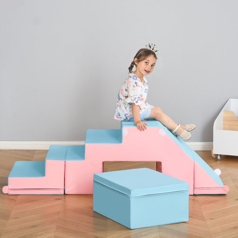 HOMCOM Soft Play Set, 2 Piece Baby Foam Blocks Climb and Crawl Activity Toys, Toddler Soft Play Equipment for 1-3 Years, Pink Blue