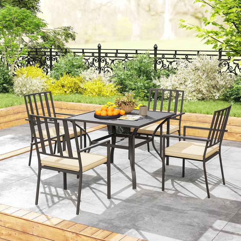Outsunny 5 Pieces Garden Dining Set with Cushions, Outdoor Patio Table and 4 Stackable Chairs, Metal Top Table with Umbrella Hole, Black