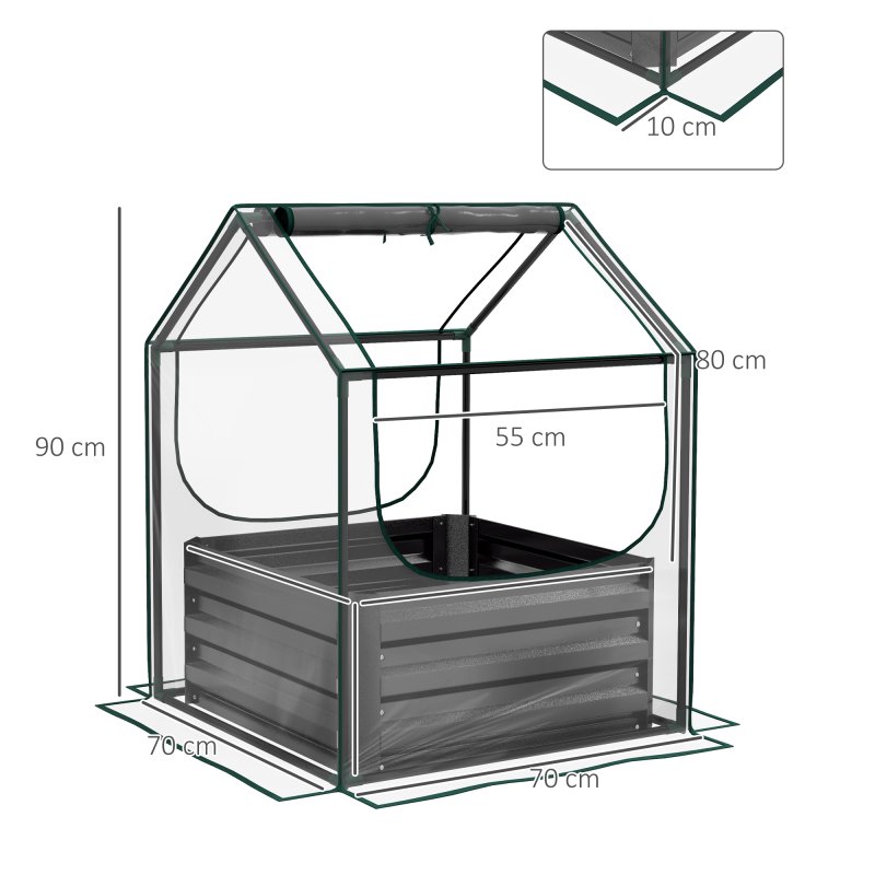 Outsunny Raised Garden Bed with Mini Greenhouse, Outdoor Metal Planter Box with Cover, for Herbs and Vegetables, Use for Patio, Garden, Balcony, Clear and Dark Grey