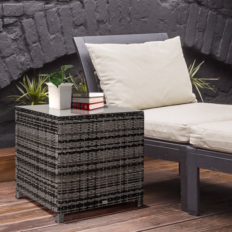 Outsunny Patio PE Rattan Side Table, Square Outdoor Coffee Table w/ Tempered Glass Top, Mixed Grey