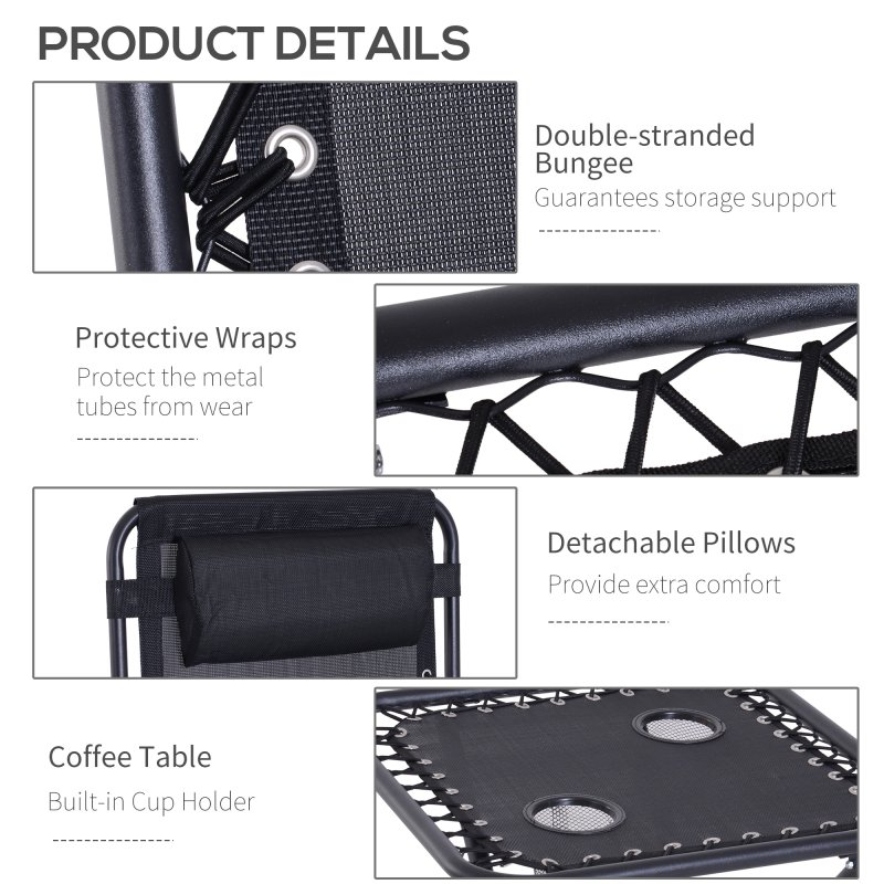 Outsunny Folding Zero Gravity Chairs, 3 Pieces Adjustable Sun Lounger and Table Set with Cup Holder and Headrest, Patio Bistro Set with Reclining Garden Chairs for Outdoor, Black