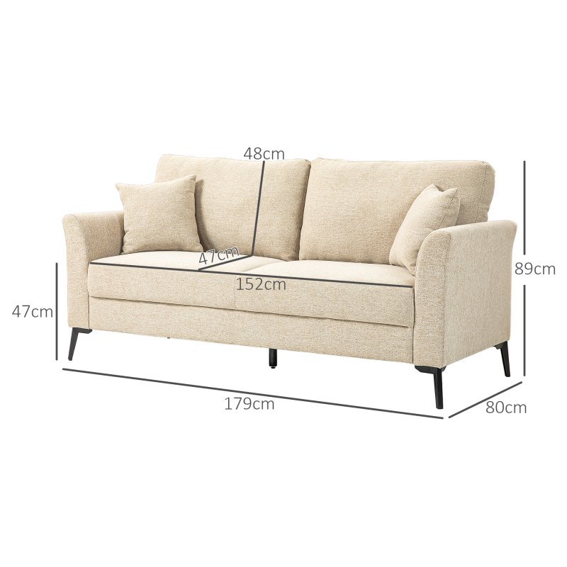HOMCOM Modern 3 Seater Sofa, Upholstered Linen Fabric Sofa with Metal Legs, Wood Frame and Padded Cushion for Living Room Bedroom Office, Beige