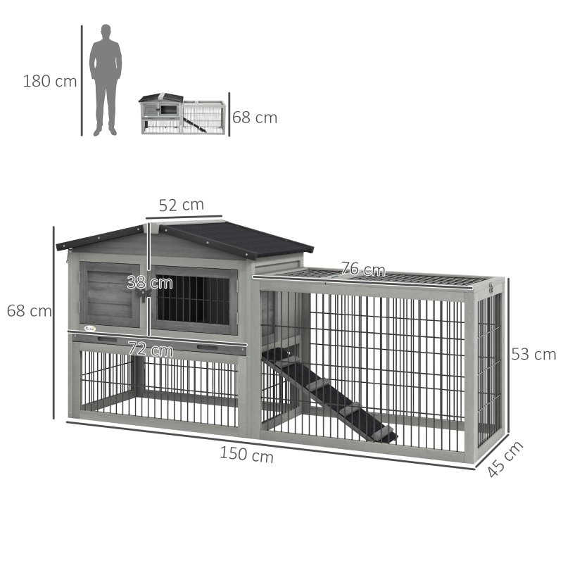 PawHut Rabbit Hutch Outdoor, Wooden Guinea Pig Hutch with Run, Openable Roof, Pull-Out Tray, Ramp for 1-2 Rabbits, 150 x 52.5 x 68 cm, Grey