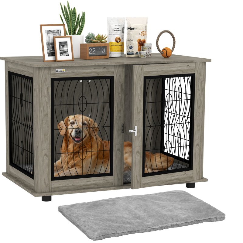 PawHut Dog Crate Furniture, Dog Cage with Soft Washable Cushion, Furniture-Style Pet Kennel Indoor House End Side Table for Small Medium Large XL Breeds, 118 x 75 x 82 cm, Grey