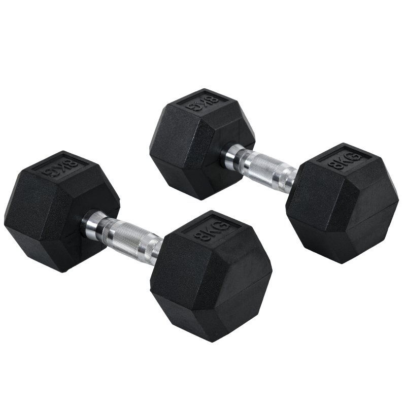 HOMCOM Rubber Dumbbell Sports Hex Weights Sets Home Gym Fitness Hexagonal Dumbbells Kit Weight Lifting Exercise (2 x 8kg)