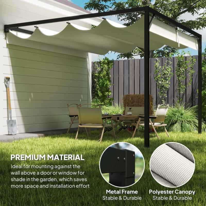 Outsunny 3 x 3(m) Outdoor Lean To Pergola Retractable Canopy Wall Mounted Gazebo Patio Shelter Sun Shade, Cream White