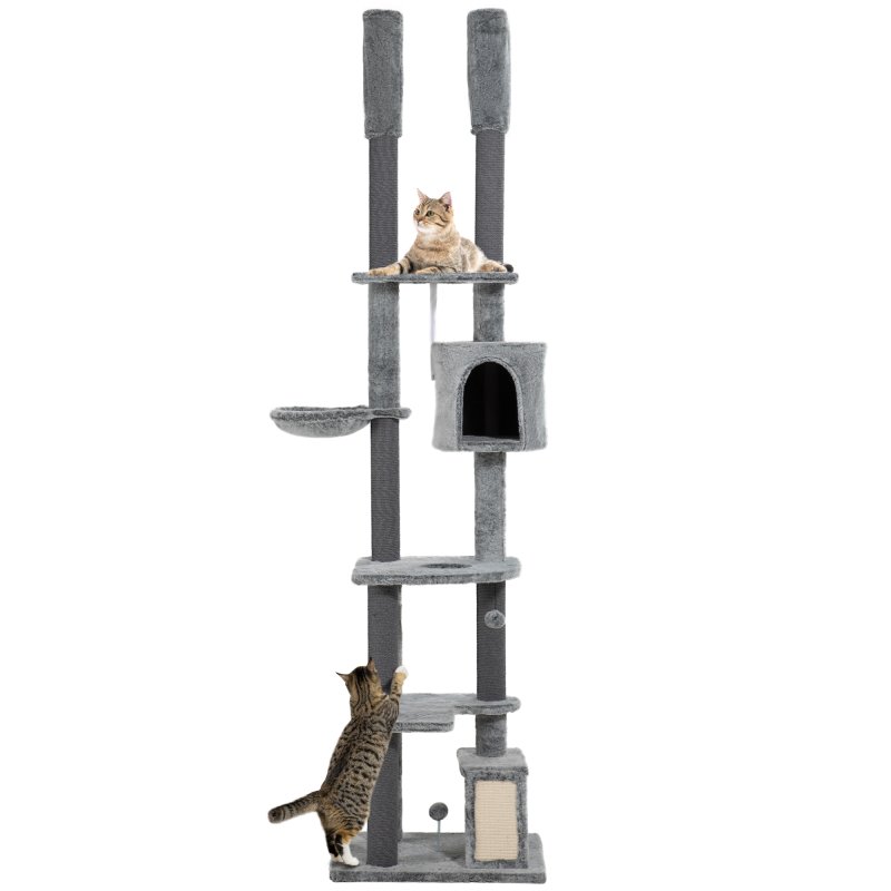 PawHut Floor to Ceiling Cat Tree, 225-255cm Height Adjustable Large Cat Tower 6 Levels Activity Centre for Indoor Cats with Cat Scratching Posts Ramp, Condo Hammock, Play Balls - Grey