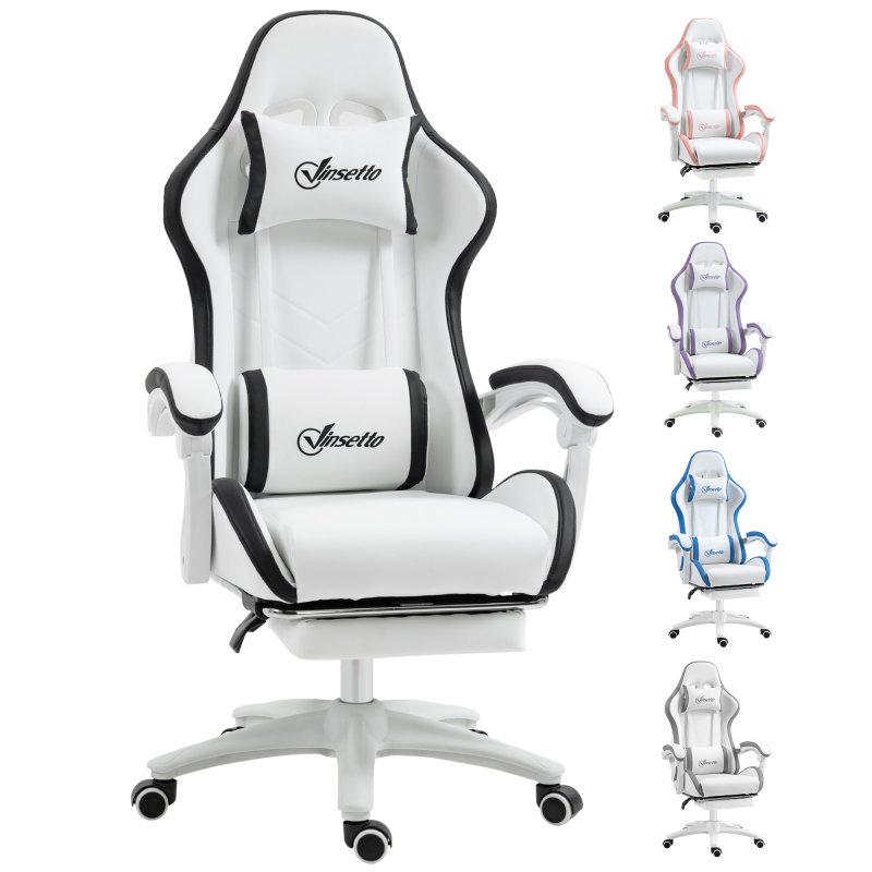 Vinsetto Computer Gaming Chair, PU Leather Office Desk Chair with Footrest, Swivel Wheels, 135?? Reclining Back, Lumbar Support, Headrest for Home, White and Black