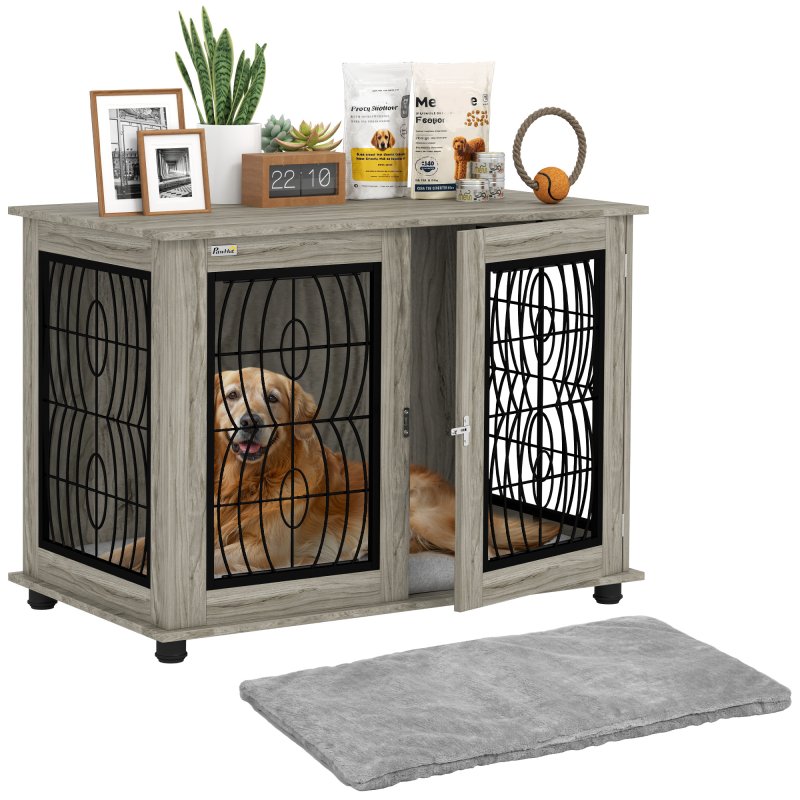 PawHut Dog Crate Furniture, Dog Cage with Soft Washable Cushion, Furniture-Style Pet Kennel Indoor House End Side Table for Small Medium Large Breeds, 100 x 60 x 73.5 cm, Grey