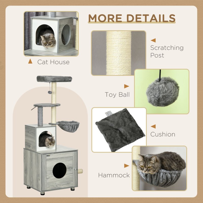 PawHut Cat Tower with Litter Box Enclosure, Cat Tree for Indoor Cats with Cat House, Scratching Post, Hammock, Grey