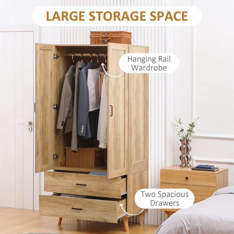 HOMCOM 2 Door Wardrobe, Modern Wardrobe with 2 Drawers and Hanging Rail for Bedroom, Flats, Natural