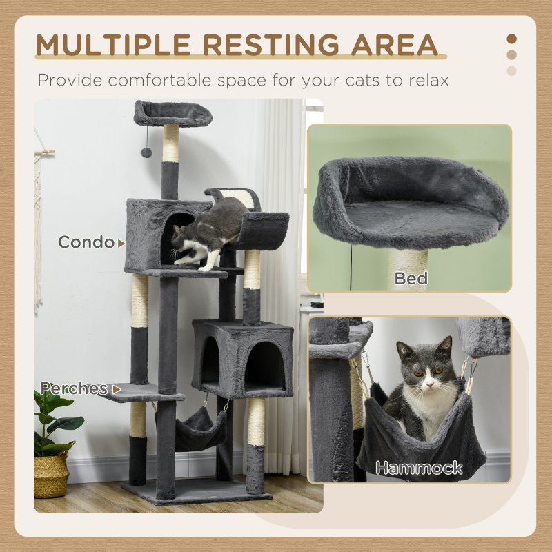 PawHut 177cm Cat Tree for Indoor Cats, Mult-level Kitten Climbing Tower, with Scratching Posts, Two Cat Houses, Perches, Toy Ball - Dark Grey