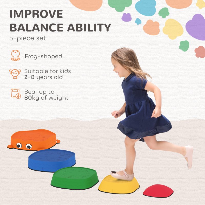 AIYAPLAY 5PCS Balance Stepping Stones, Frog-Shaped Sensory Stepping Stones for Toddlers, Anti-Slip Edging, Stackable Design, Indoor Outdoor Obstacle Course for Kids Ages 2-8, Multicoloured