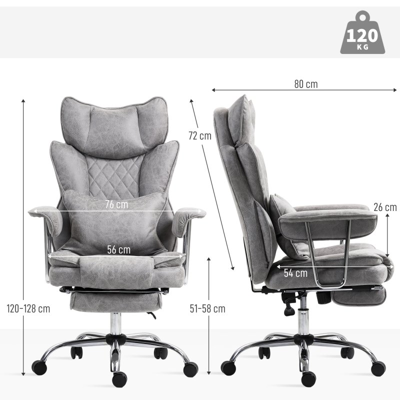 HOMCOM Executive Office Chair, Leathaire Reclining Computer Desk Chair with Lumbar Support Pillow, Built-in Headrest, High Back, Footrest, Silent Swivel Wheels, Armrest for Home, Grey