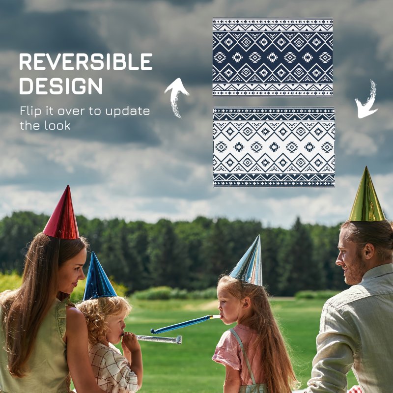 Outsunny Reversible Outdoor Rug with Carry Bag, Waterproof Plastic Straw Mat for Garden, Deck, RV, Picnic, Beach, Camping, 182 x 274cm, Dark Blue and White