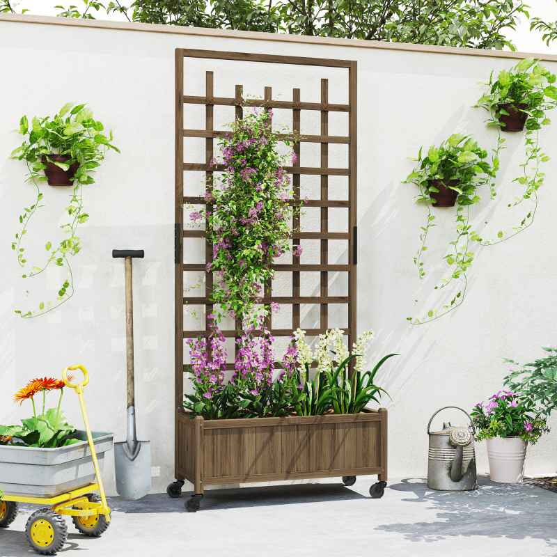 Outsunny Wooden Trellis Planter, Raised Beds for Garden with Wheels and Drainage Holes, Privacy Screen Planter Box to Grow Vegetables, Herbs and Flowers for Garden, Patio, Deck, Brown