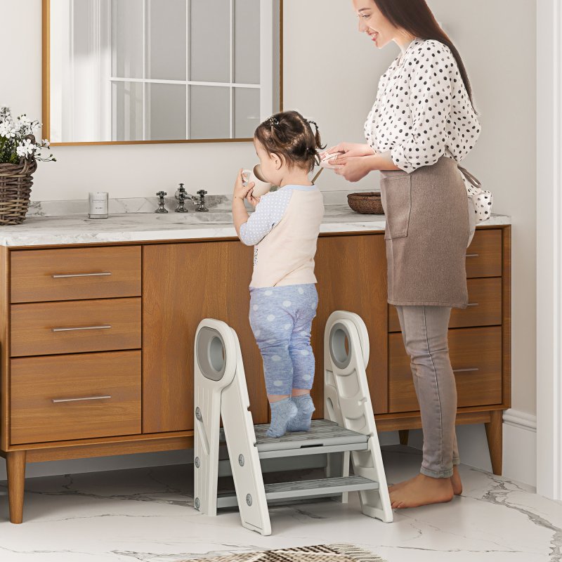 AIYAPLAY Kids Step Stool, Foldable Toddler Kitchen Stool, Adjustable Standing Tower with Handle, Non-Slip for Bathroom, Sink, Kitchen, Counter, Toilet Potty Training, Grey