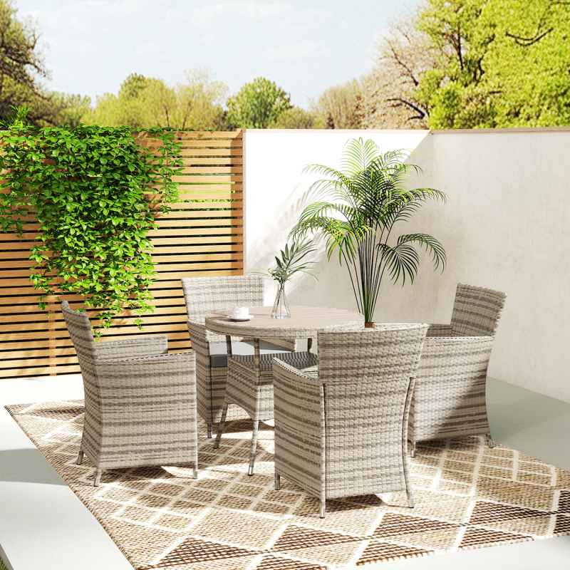 Outsunny 4 Seater Garden Dining Set with Cushions, Double Layer Table with Wood-like Slat Top, PE Rattan Garden Furniture Set, Outdoor Dining Table and Chairs for Patio, Balcony, Grey