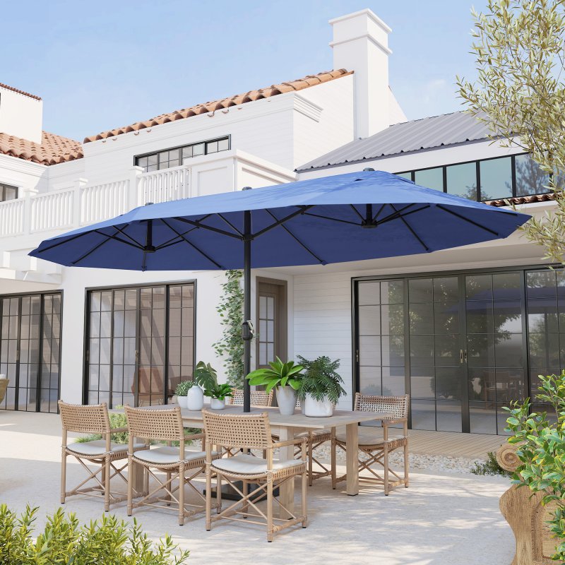 Outsunny 4.6m Large Garden Parasol Double-Sided Sun Umbrella Patio Market Canopy Shade Outdoor Blue - NO BASE