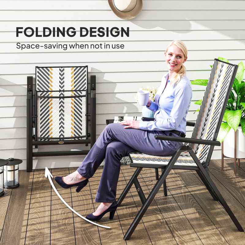 Outsunny Rattan Folding Chair Outdoor Set of 2, 5-Position Adjustable Wicker Garden Dining Chair with High Backrest, Wide Armrest, for Patio, Terrace, Balcony, Black
