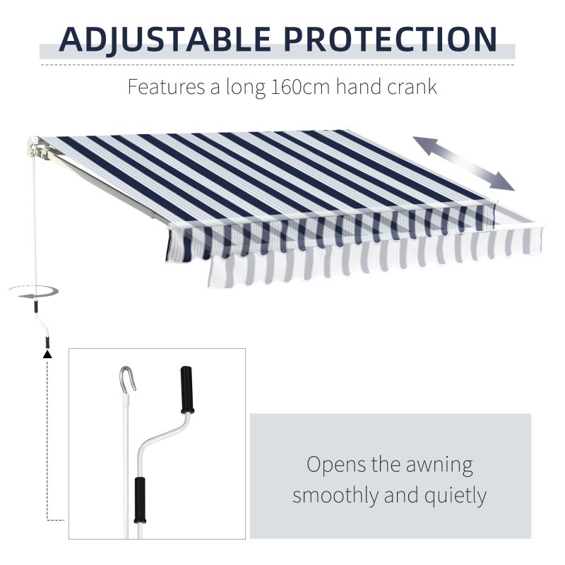 Outsunny 3m x 2.5m Garden Patio Manual Awning Canopy Sun Shade Shelter with Winding Handle Retractable Blue and White