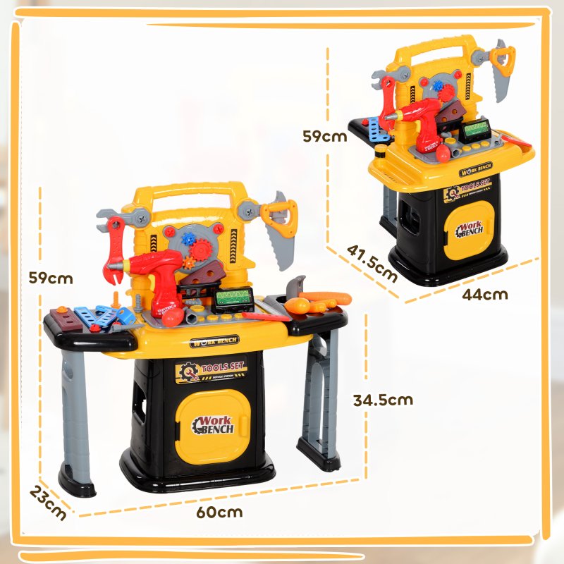 AIYAPLAY Kids Tool Bench, Workbench Kids Tool Set, 102 Pieces with Electric Drill, Storage, for Ages 3-6 Years, Yellow