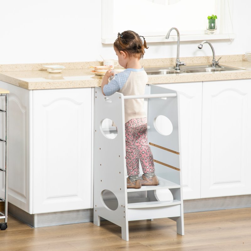 HOMCOM Toddler Step Stool Kids Adjustable Standing Tower with Safety Rail for Kitchen Counter Grey