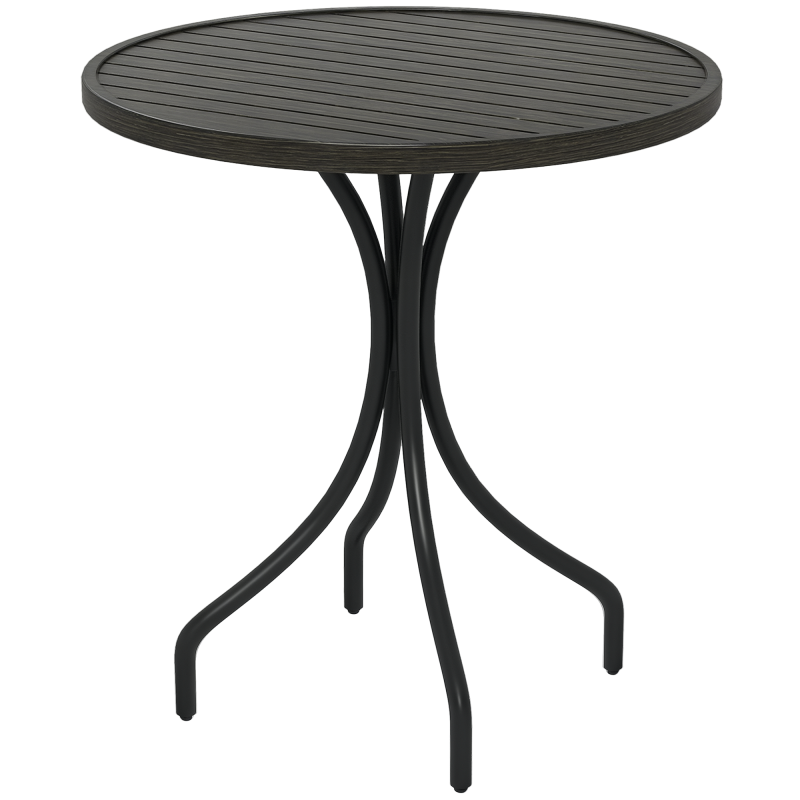 Outsunny ??66cm Garden Side Table, Round Bistro Coffee Table, Outdoor Patio Table with Steel Frame and Slat Tabletop for Balcony and Porch, Grey Wood Grain
